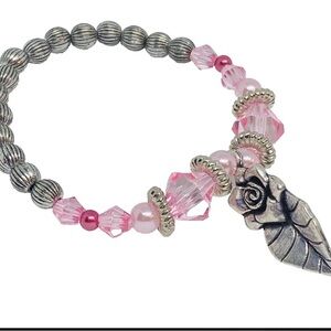 NEW Beaded Flexible Bracelet Pink and Silver With Charm Stackablelllł